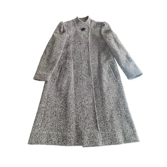 Vintage Tweed Long Winter Coat Jacket Women's Black‎ Gray Long Sleeve Classic - Picture 2 of 6